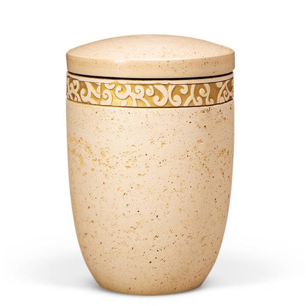 31363 Dujura-Urne aus Kalzium, Steinoptik Terracotta, Ornamentring Gold, flacher Deckel