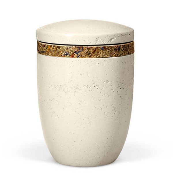 31410 Dujura-Urne aus Kalzium, Steinoptik Hellbeige, Almwiesnbunten mit bunten Blüten, flacher Deckel