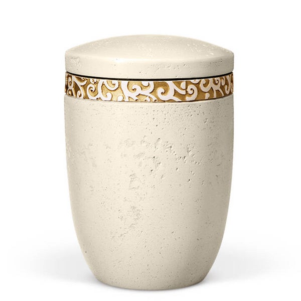 31413 Dujura-Urne aus Kalzium, Steinoptik Hellbeige, Ornamentring Gold, flacher Deckel