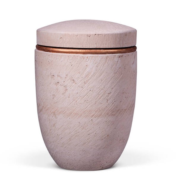 31603 Dujura-Urne aus Kalzium, Mineralische Steinoptik, Rosé Terracotta, Akzentring Kupferfarbig