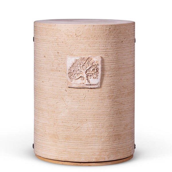 32161 Dujura-Urne aus Kalzium, Zylindrische Form, Terracotta, gedrehte Tonoptik, Reliefmotiv Baum des Lebens