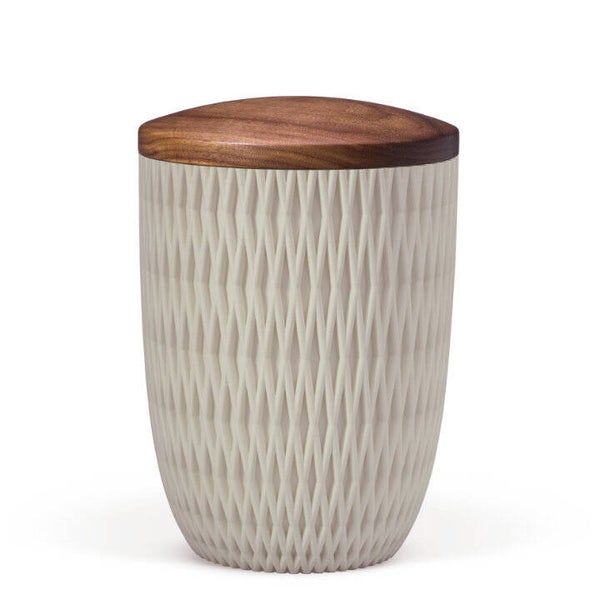 37170 Naturstoffurne, Sandbeige, Holzdeckel Nussbaum, Carrea