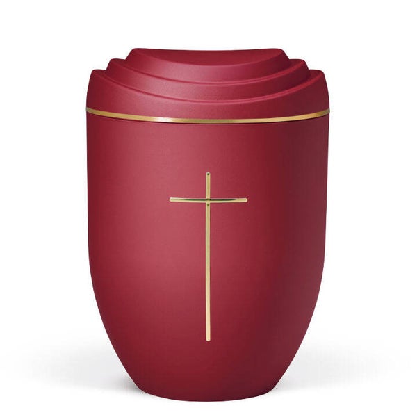 38225 Naturstoffurne, Weinrot Velours, Goldband, Stripdome Kreuz Gold, Scalerna