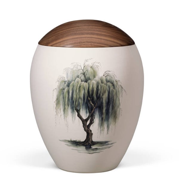 39211 Naturstoffurne, Sandbeige, bauchig glatt, Motiv bedruckt: Trauerweide, Holzdeckel Nussbaum