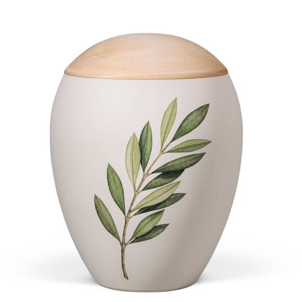39217 Naturstoffurne, Sandbeige, bauchig glatt, Motiv bedruckt: Olivenzweig, Holzdeckel Linde