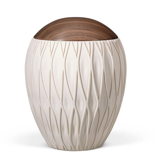 39250 Naturstoffurne, Sandbeige, bauchig, fließ. Rillen, Holzdeckel Nussbaum