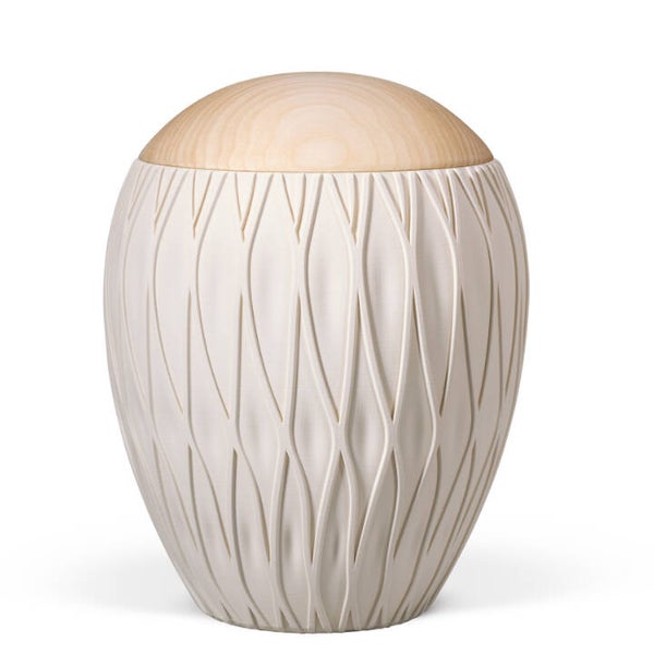 39251 Naturstoffurne, Sandbeige, bauchig, fließ. Rillen, Holzdeckel Linde