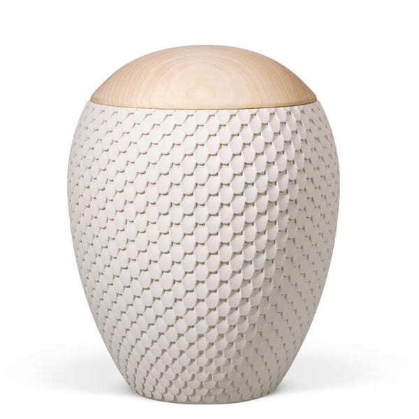 39256 Naturstoffurne, Sandbeige, bauchig, Schuppenstruktur, Holzdeckel Linde