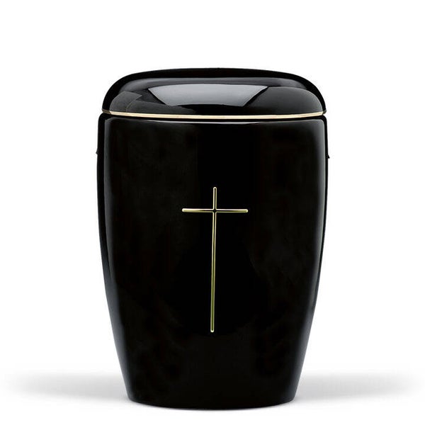 9582K Keramikurne, Schwarz glasiert Goldbandverz., Gold Stripdome Kreuz