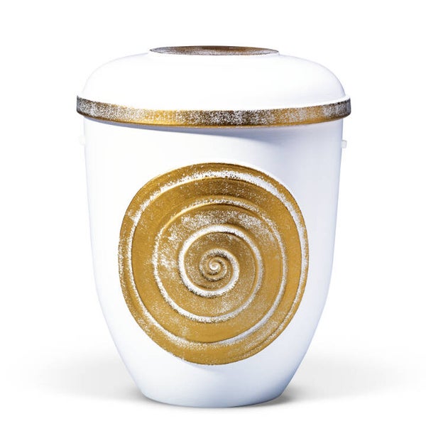 9631 Keramikurne, Niedrig Gebrannt, Weiß, Spiralen in Gold schattiert