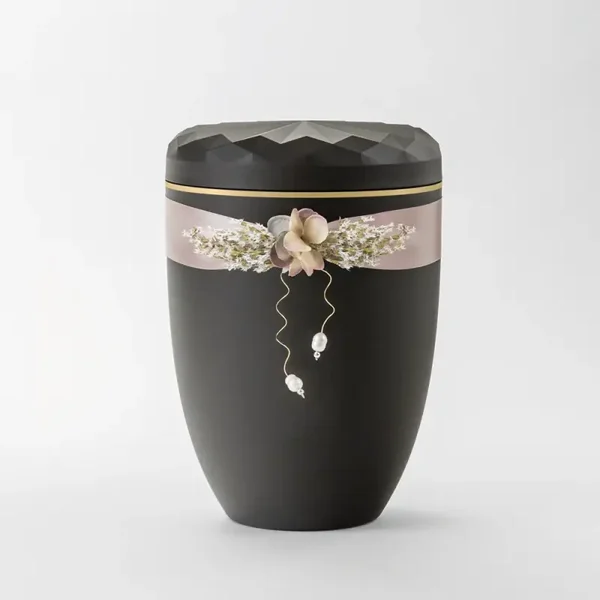 Reliefurne mit Dekor "Satinschmuck mit Perlen" anthrazit