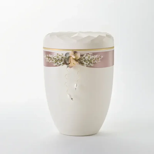 Reliefurne mit Dekor "Satinschmuck mit Perlen" cremeweiß