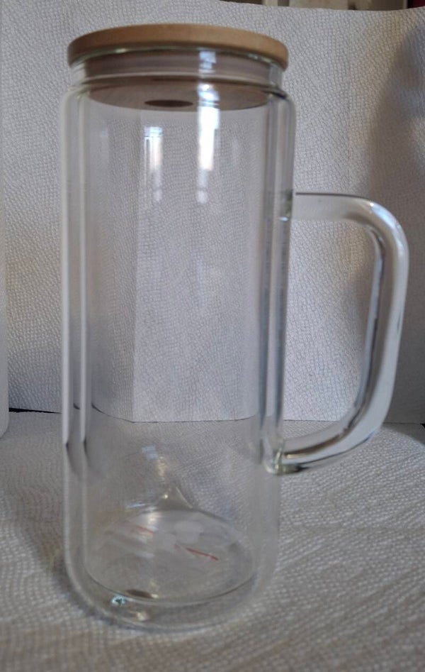 20 oz Glass snowgloble coffee cup with handle and Bamboo Lid