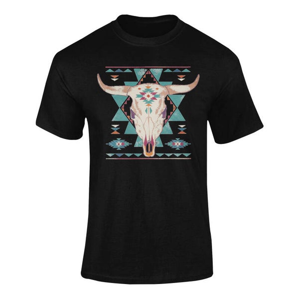Tribal Bull Skull T-shirt – Custom Western Apparel with Geometric Design
