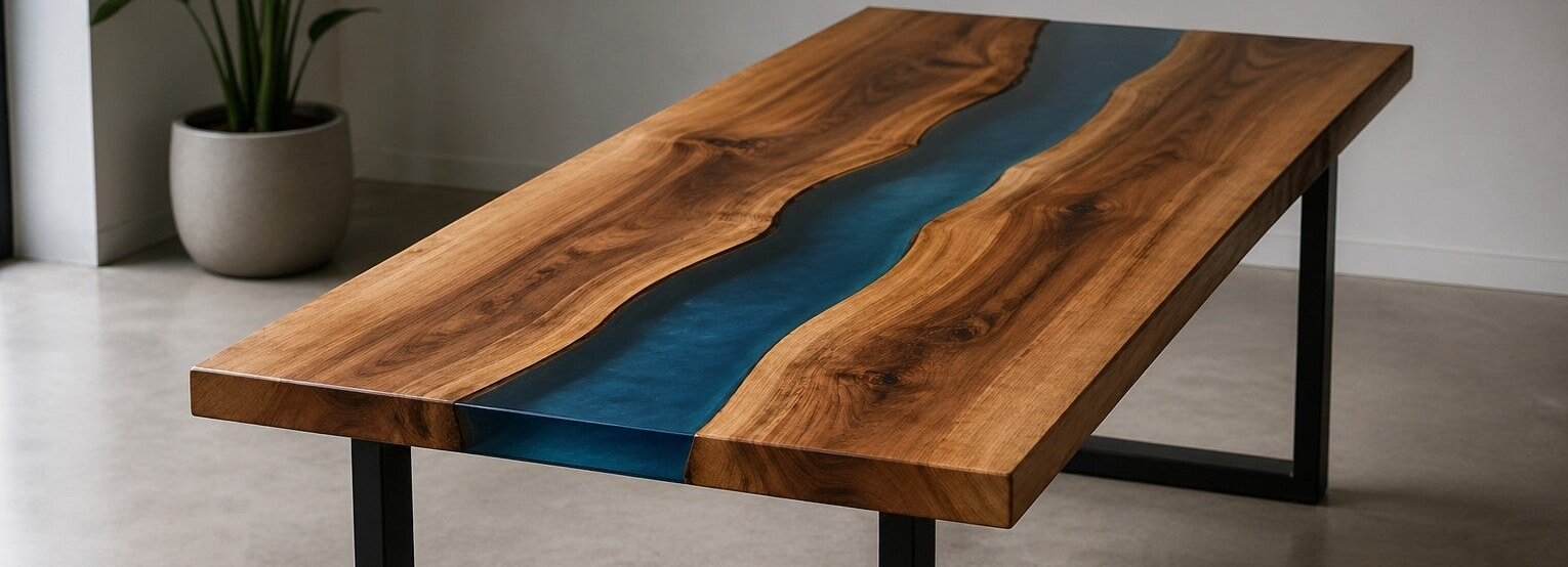 Contemporary Modern Epoxy Resin River Table with blue river