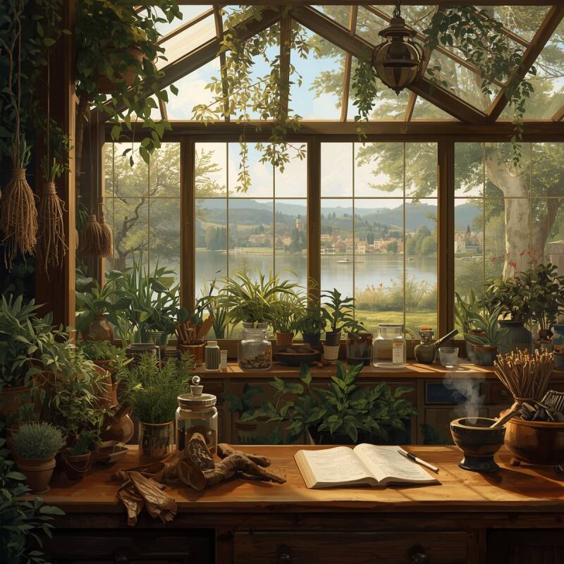 Interior of Linnea’s Arboretum in Rowendrey, sunlight filtering through glass panes onto herbs, hanging plants, and a wooden counter where a steaming cup and an open ledger rest. The atmosphere is warm and peaceful, inviting villagers to pause and breathe