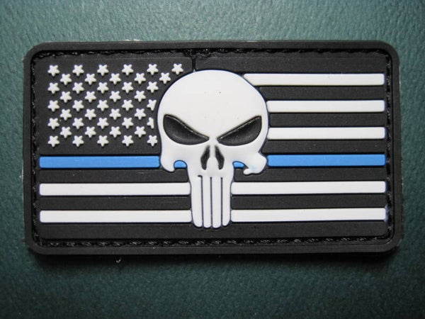U.S. FLAG PATCH BLUE LINE PUNISHER SKULL COLOR CHOICE PVC RUBBER HOOK BACK
