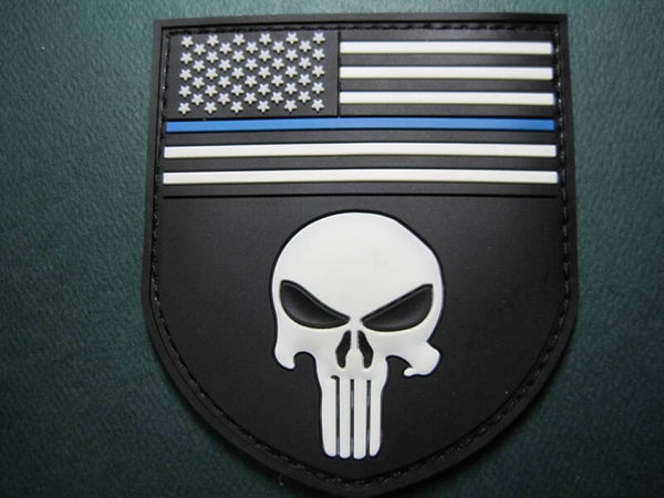 U.S. FLAG CREST PATCH BLUE LINE PUNISHER SKULL PVC RUBBER HOOK BACK