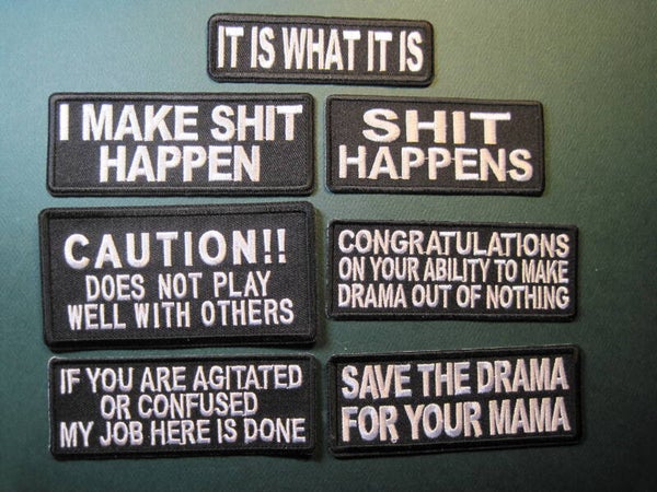 DRAMA FUN PATCHES, ASSORTED, YOUR CHOICE, LOOK! IRON ON