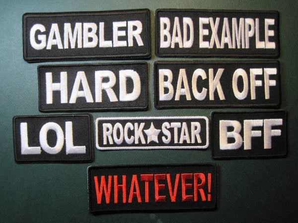 FUN TITLE PATCHES, ASSORTED, YOUR CHOICE, LOOK! IRON ON