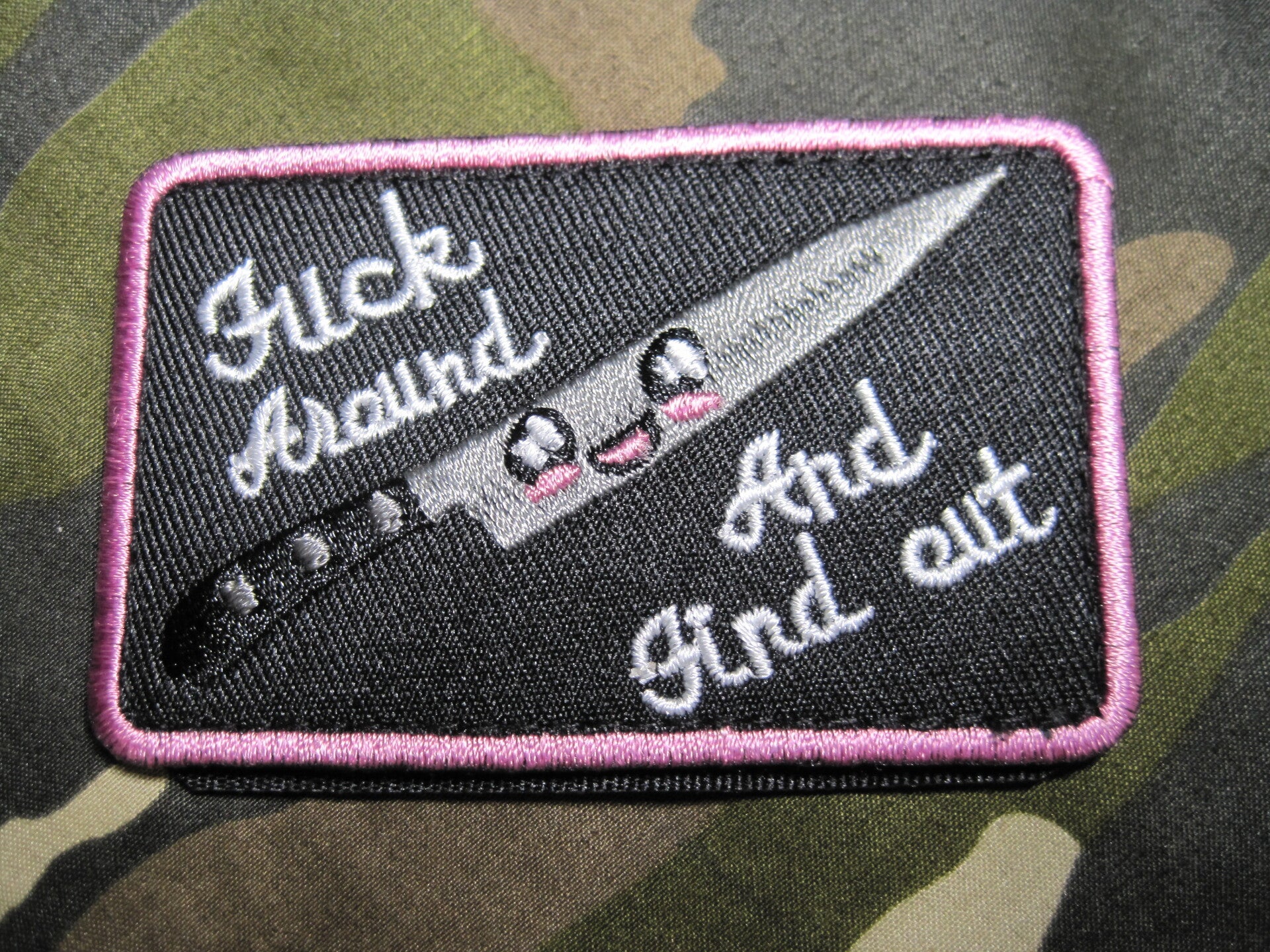 FUCK AROUND AND FIND OUT PATCH LADY PINK KNIFE HOOK BACK