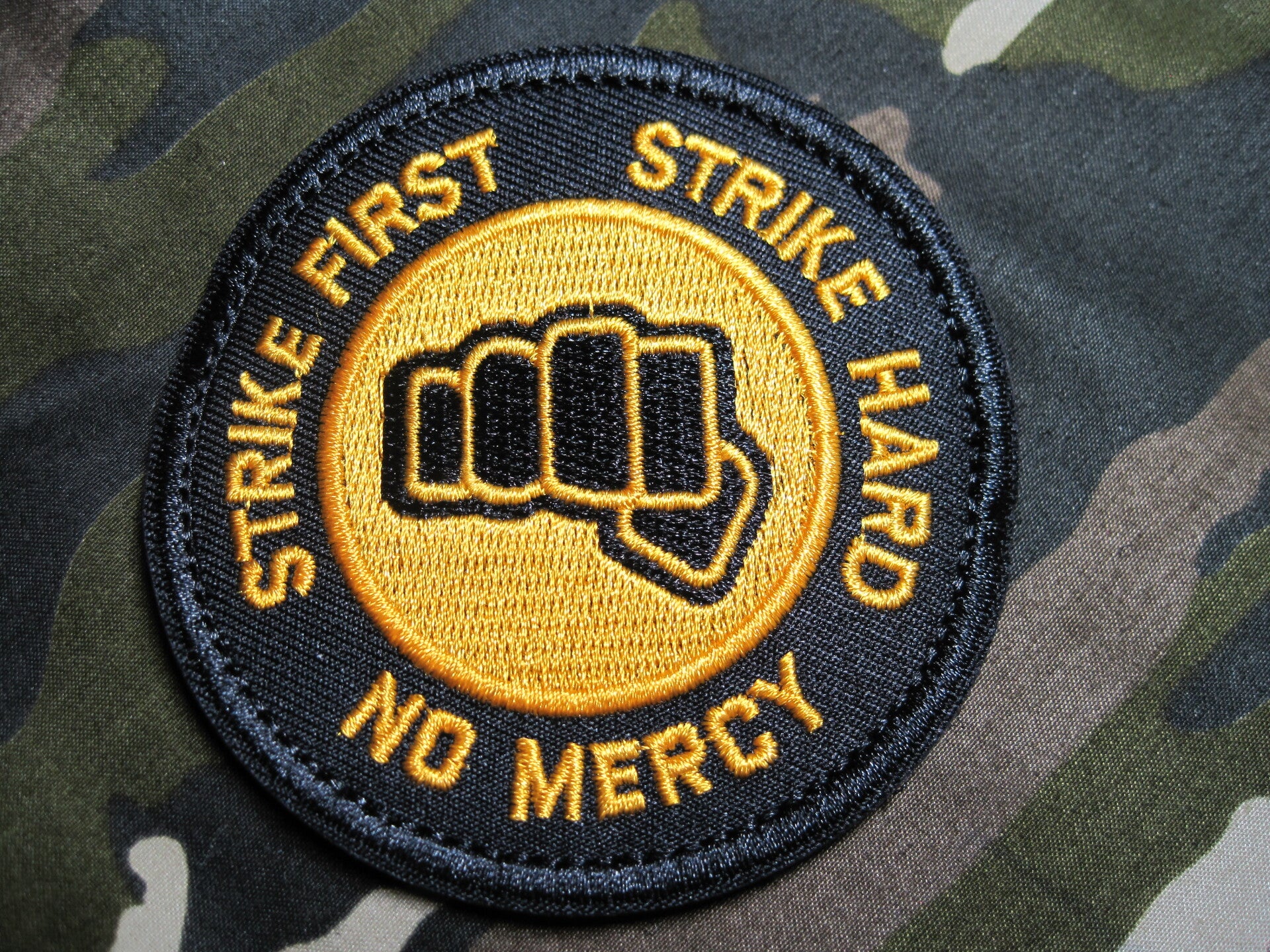 STRIKE FIRST, STRIKE HARD, NO MERCY MORALE PATCH HOOK BACK