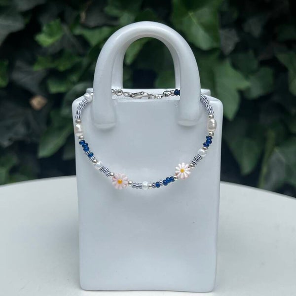 armbanden - timeless/blauw met bloemen - zilver