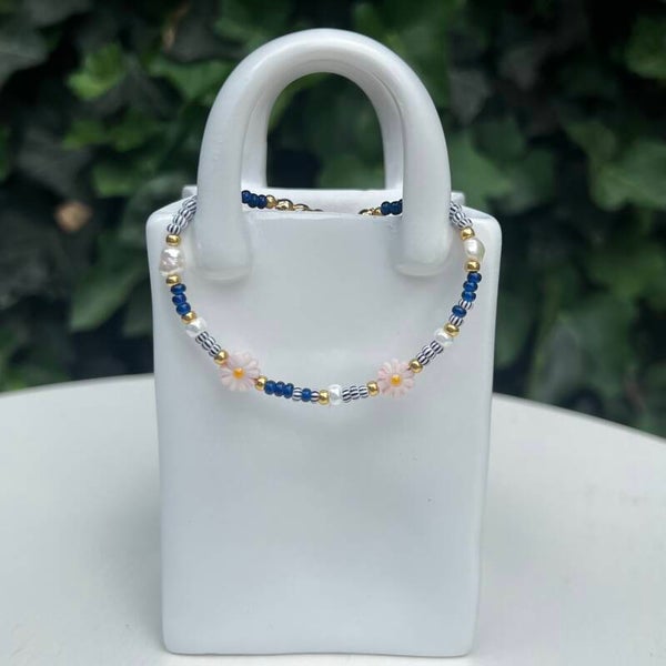 armbanden - timeless/blauw met bloemen - goud