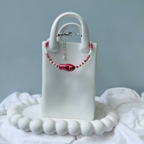 armbanden - visjes collectie ; rood visje wit zilver