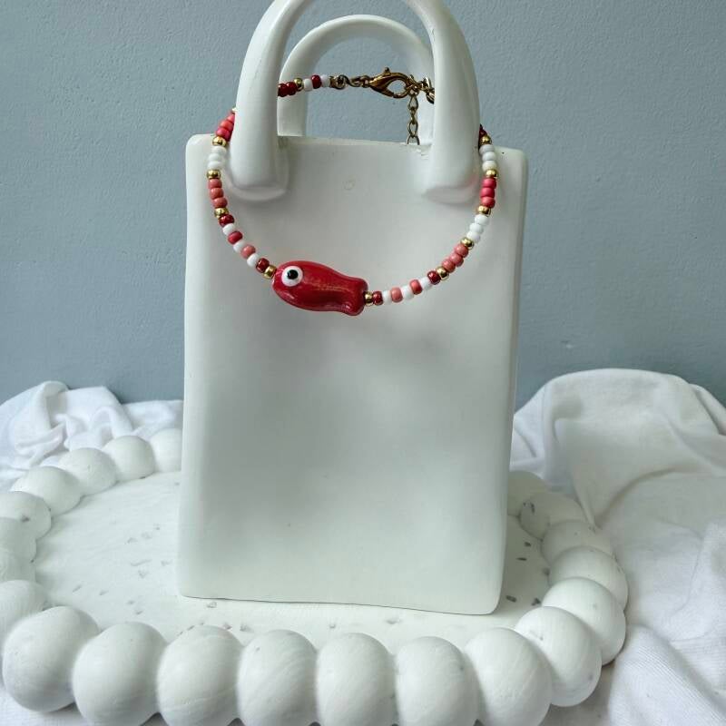 armbanden - visjes collectie ; 16cm rood visje wit goud