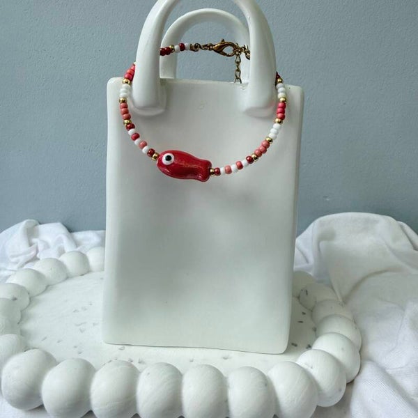armbanden - visjes collectie ; 16cm rood visje wit goud