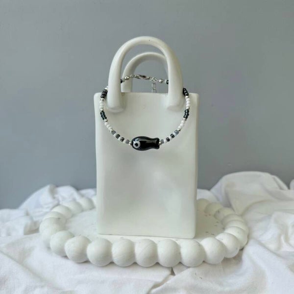 armbanden - visjes collectie ; 16cm zwart visje wit zilver