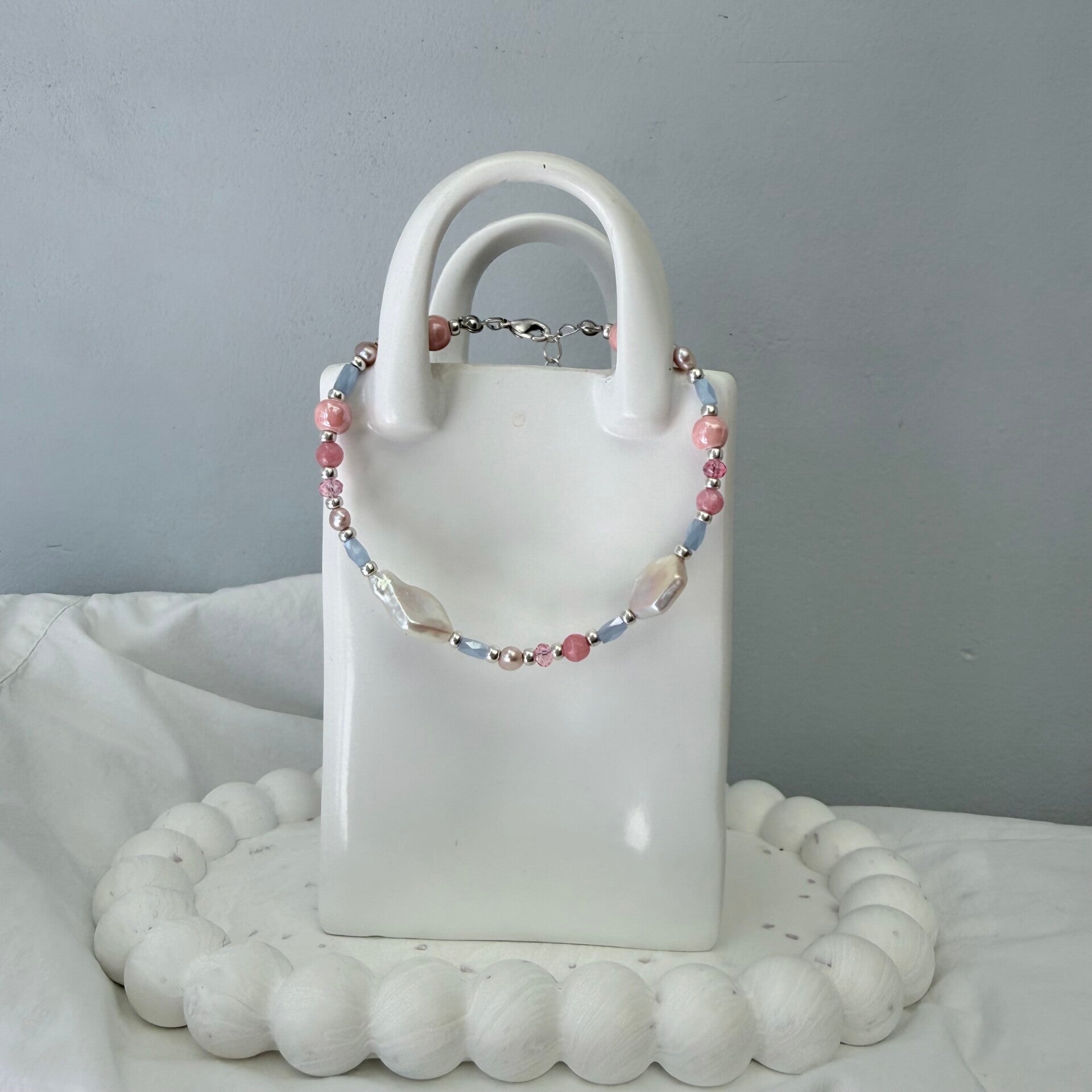 armbanden - timeless 17,5cm - roze met zoetwaterparels