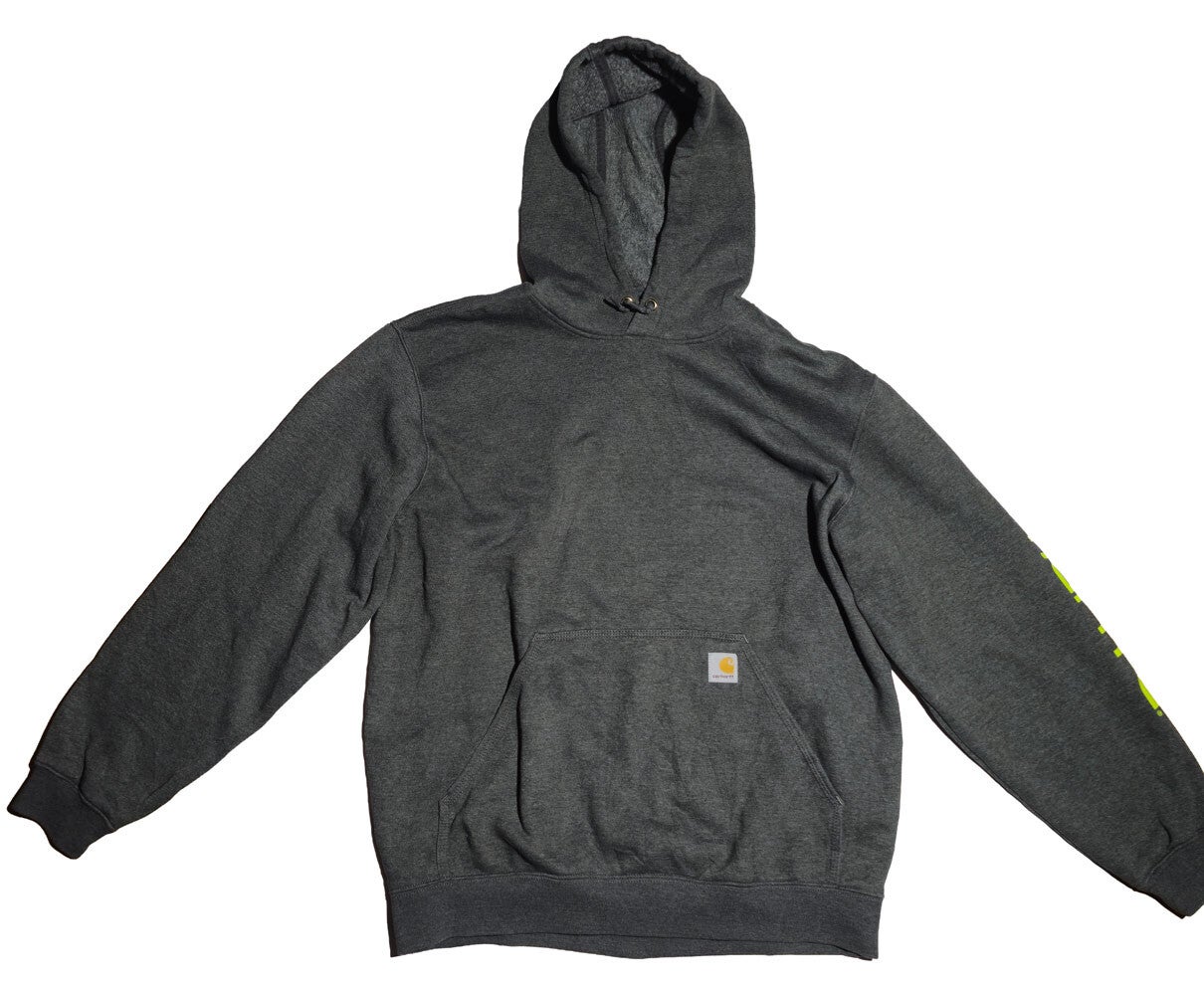 Carhartt Midweight Signature Logo Hooded Sweatshirt in grijs met een neongeel logo op de mouw - Valt als maat L