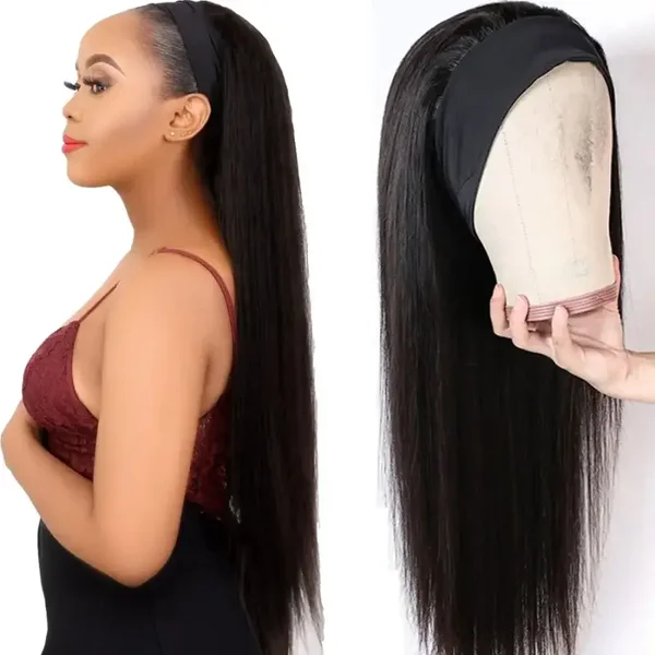 Perruque Bandeau Droite en Cheveux Humains, 14-20 Pouces, Sans Colle, Perruque Frontale Sans Dentelle, Densité 150%, Cheveux Humains Vierge Brésilien, Perruque en Cheveux Humains Fabriquée à la Machine.