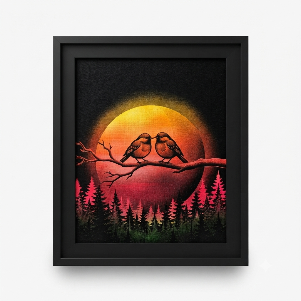 Neon Laser Canvas Art – Avondzon in het Bos (30x40 cm)
