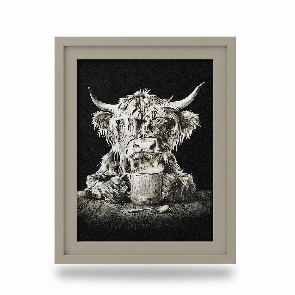 Gold Metallic Laser Canvas Art – Schotse Hooglander 'Koffietijd' (30x40 cm)