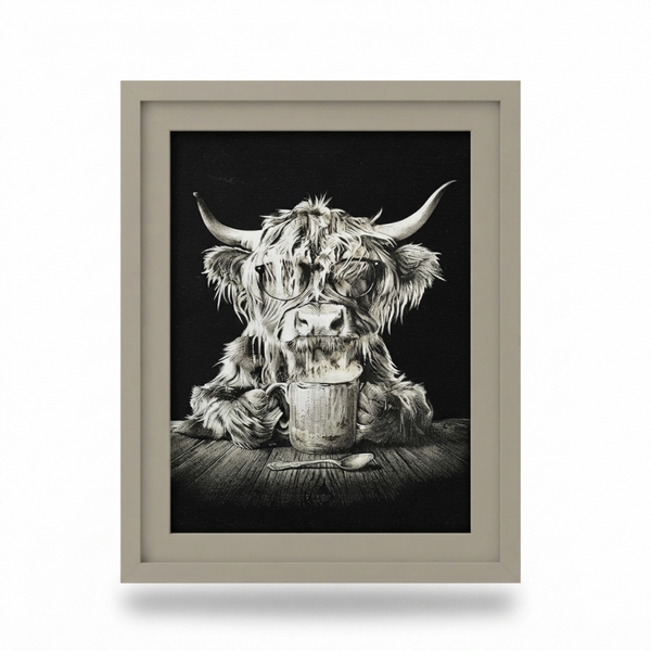 Gold Metallic Laser Canvas Art – Schotse Hooglander 'Koffietijd' (30x40 cm)