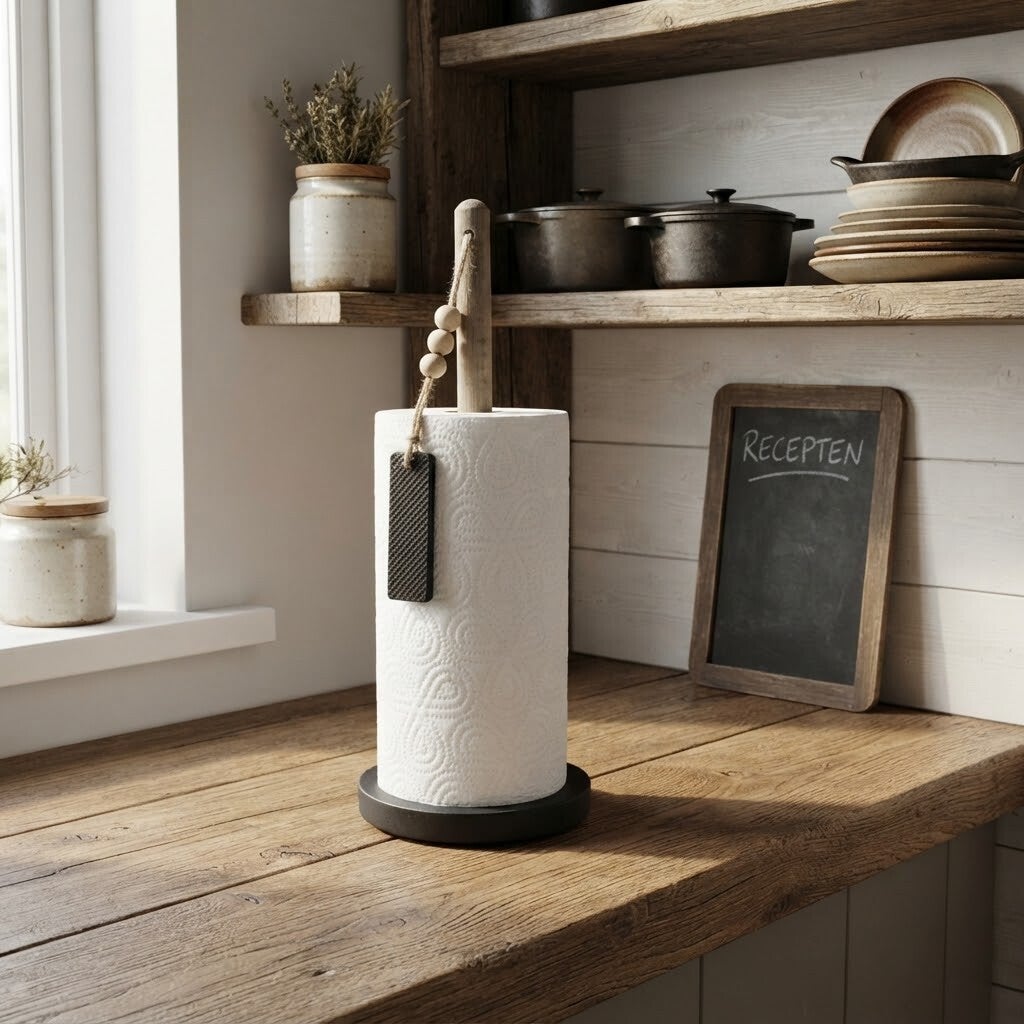 • Handgemaakte Landelijke Keukenrolhouder – Raysin Black & Hout