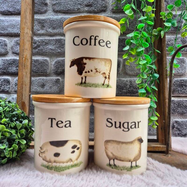 Vintage Engelse Voorraadpotten ‘Farm Animals’ – Set van 3 (Cloverleaf / T.G. Green)
