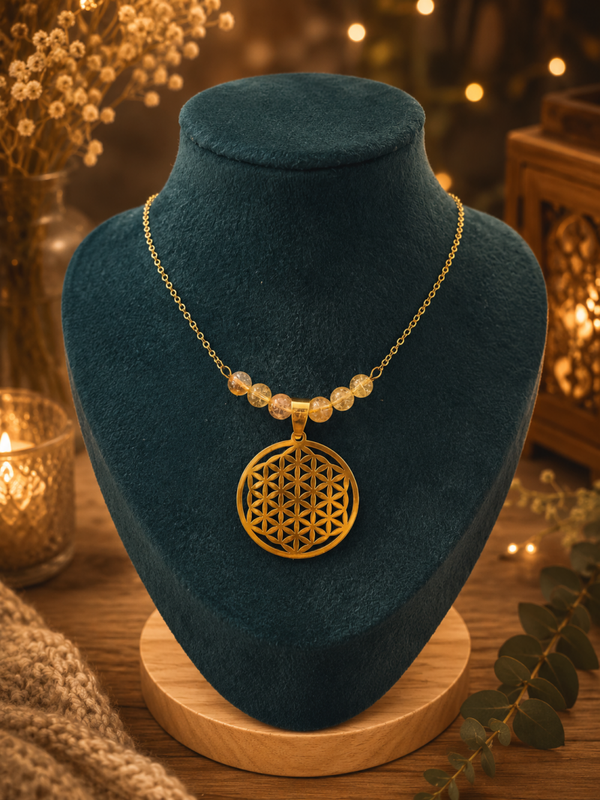 Collier Fleur de Vie, en acier inoxydable, avec des pierres de Citrine