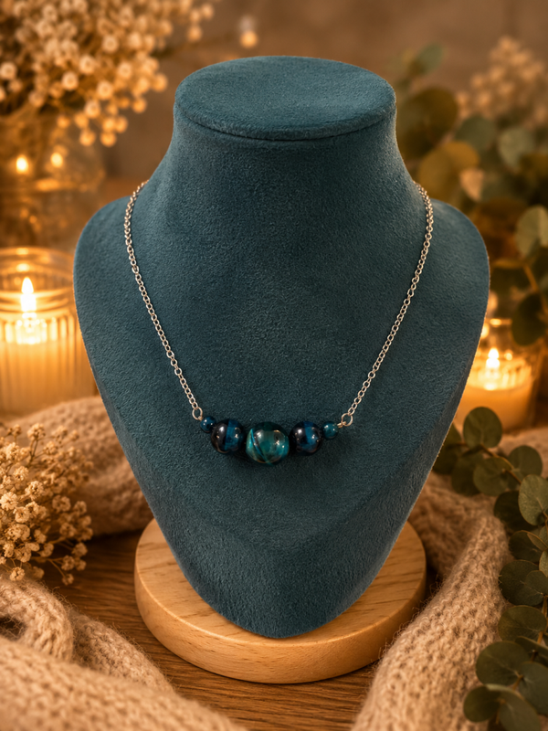Collier en acier inoxydable, avec des pierres d'œil de Tigre bleu