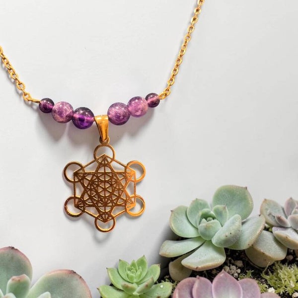Collier Métatron, en acier inoxydable, avec des pierres en Améthyste
