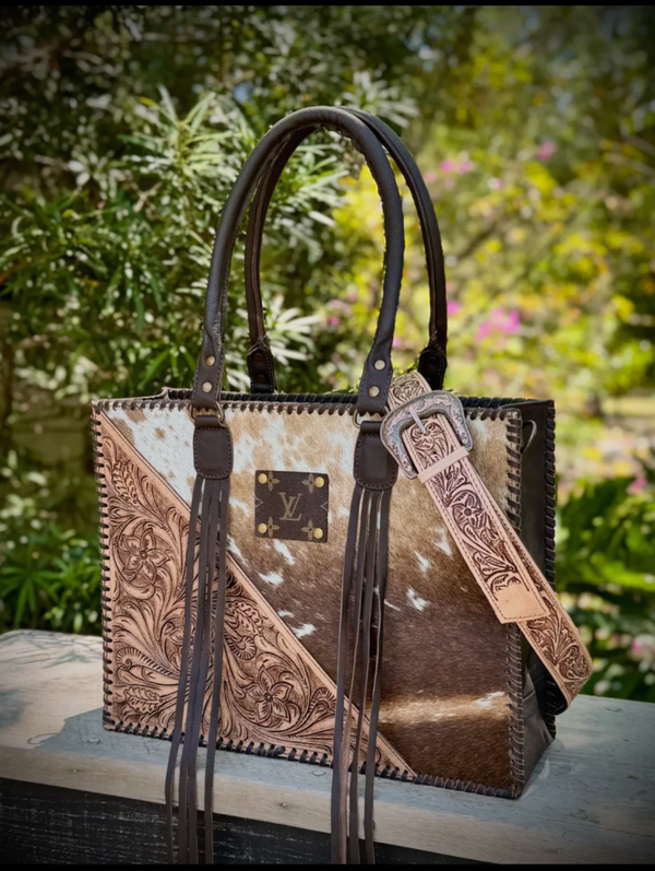 Upcycled Lv Leather Cowhide Tote Shoulder Bag Western Boho