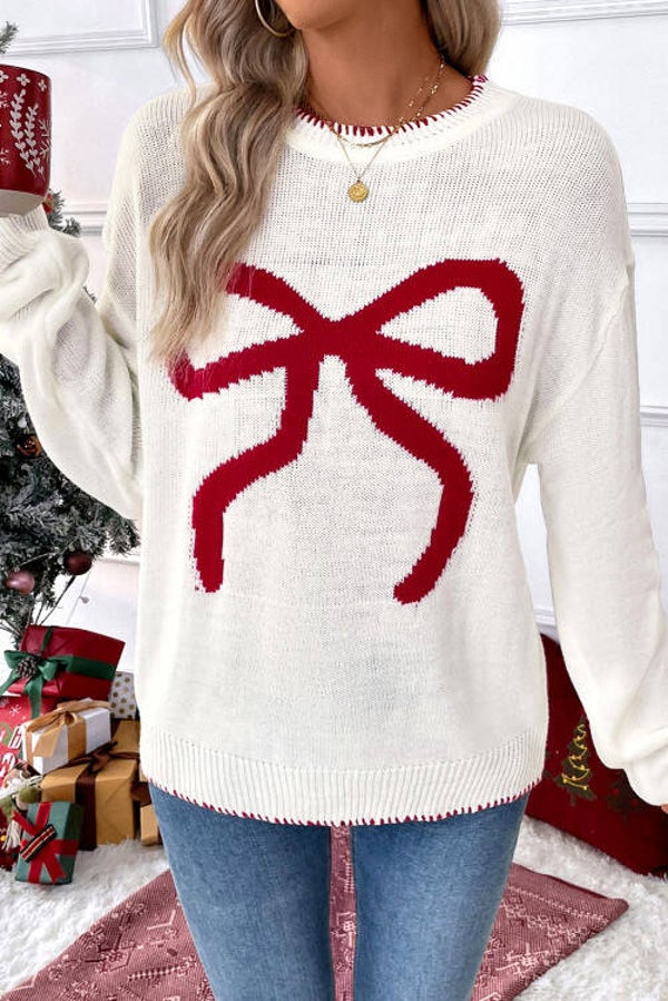 White Bow Pattern Contrast Graphic Sweater