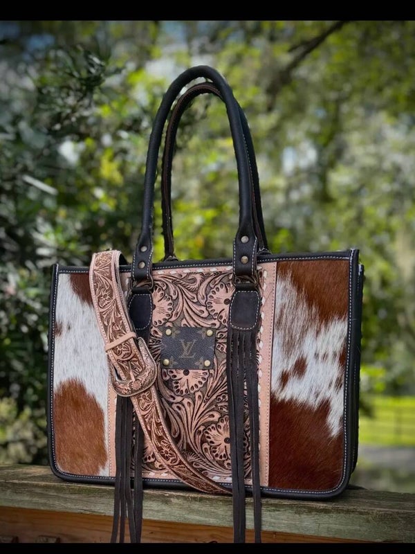 Upcycled Lv Cowhide Tooled Leather Tote Crossbody Western