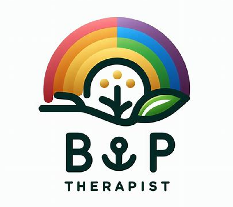 Logo for therapy with initials BP of therapist and a small plant growing to represent growth in self and a rainbow to show diversity and inclusiveness