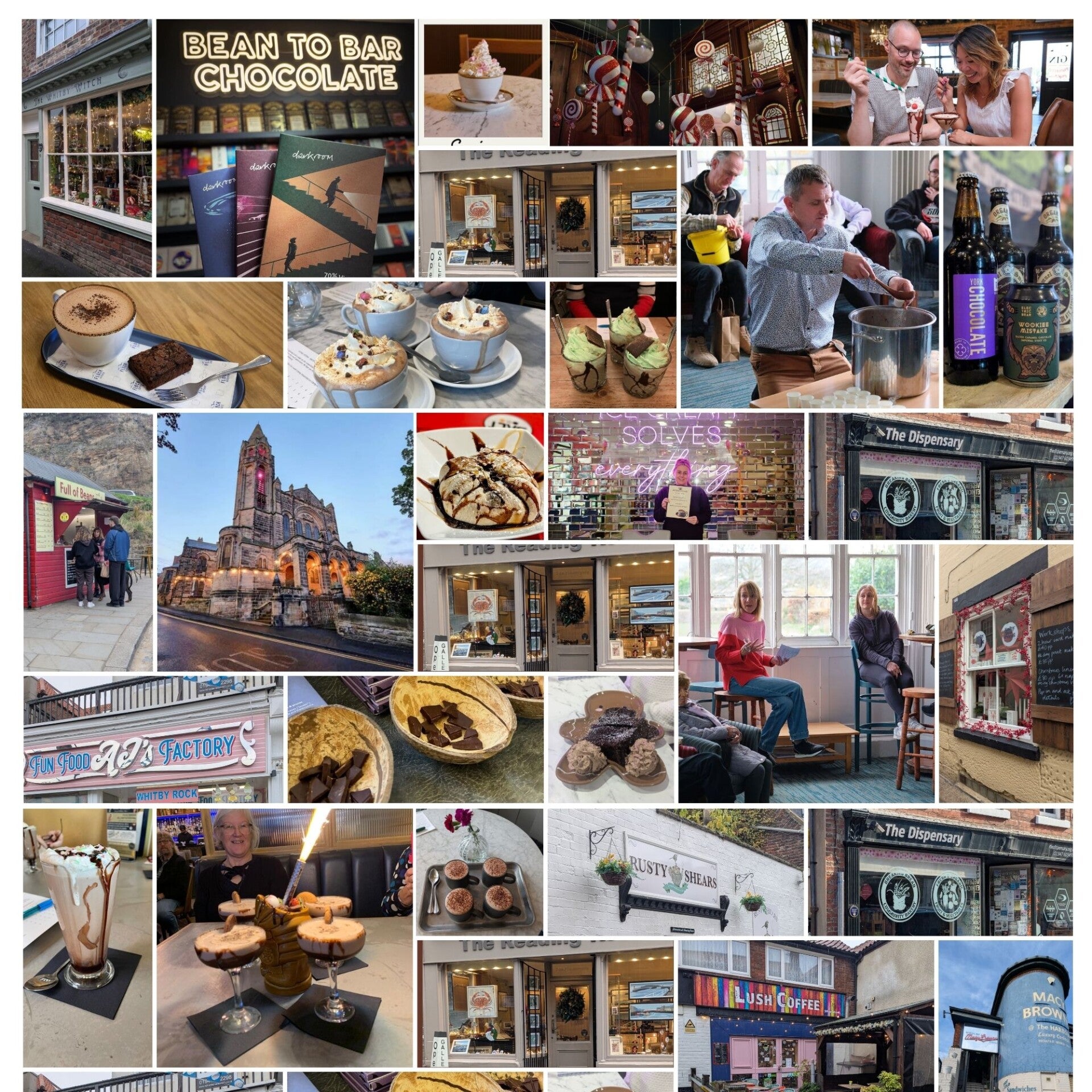 Collage of photos showing chocolate stout, hot chocolate, chocolate cocktails, chocolate desserts, Whitby shop fronts and Eighteen91 old church exterior