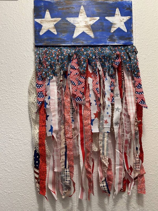 Distressed Wood and Fabric Rustic American Flag Wall Hanging