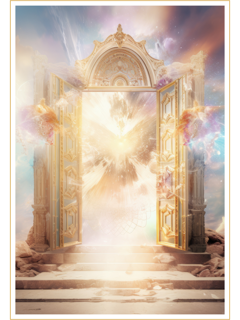 Ai image - Steps going up to an open doorway with golden doors, like the gates of heaven. in the doorway there is a shape of a bright golden angel srrounded by bright lights and colors.